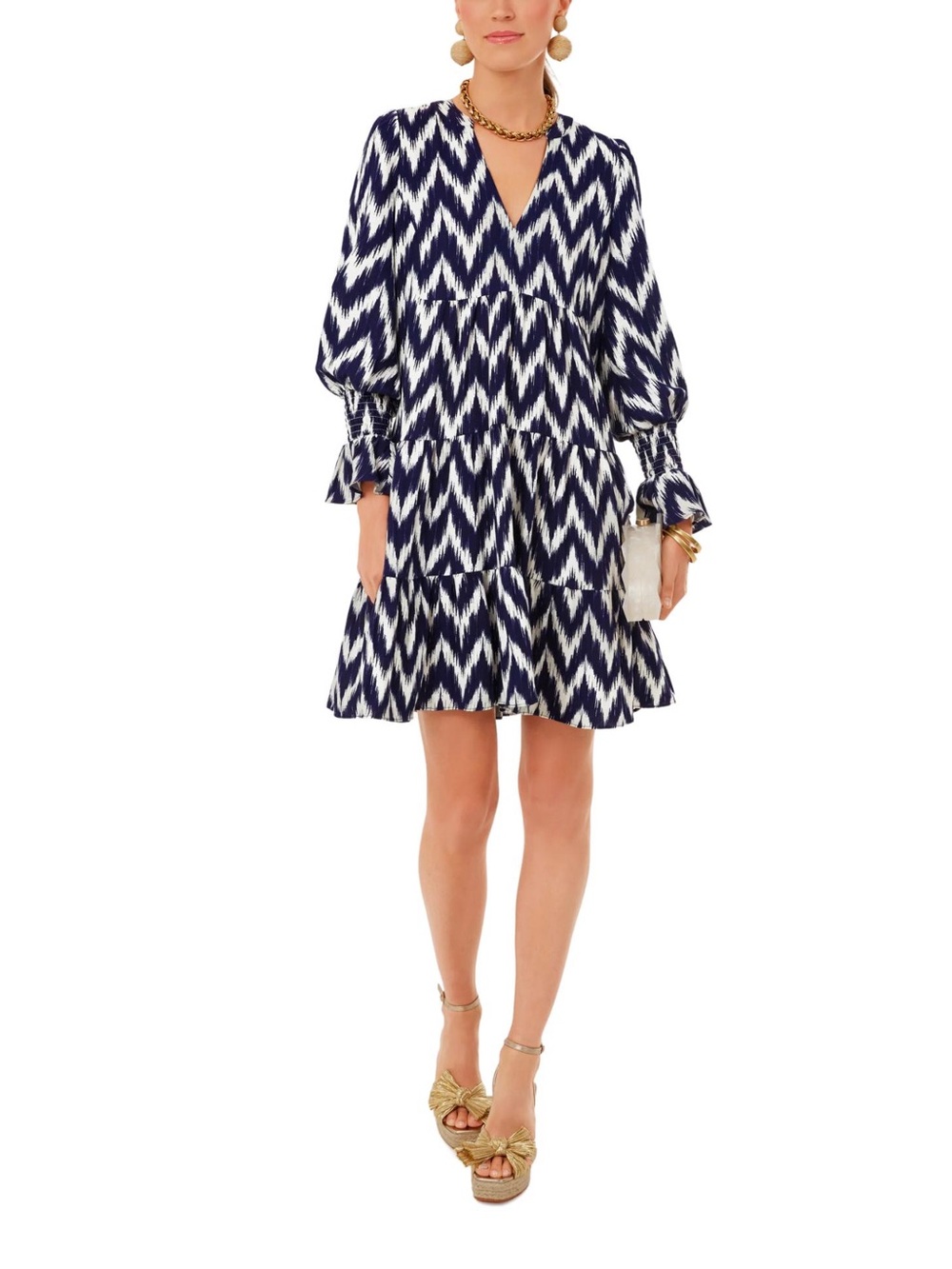 Pomander Place Kenzo Dress Mini Flutter Smocked Cuffs V-Neck Tiered Swing